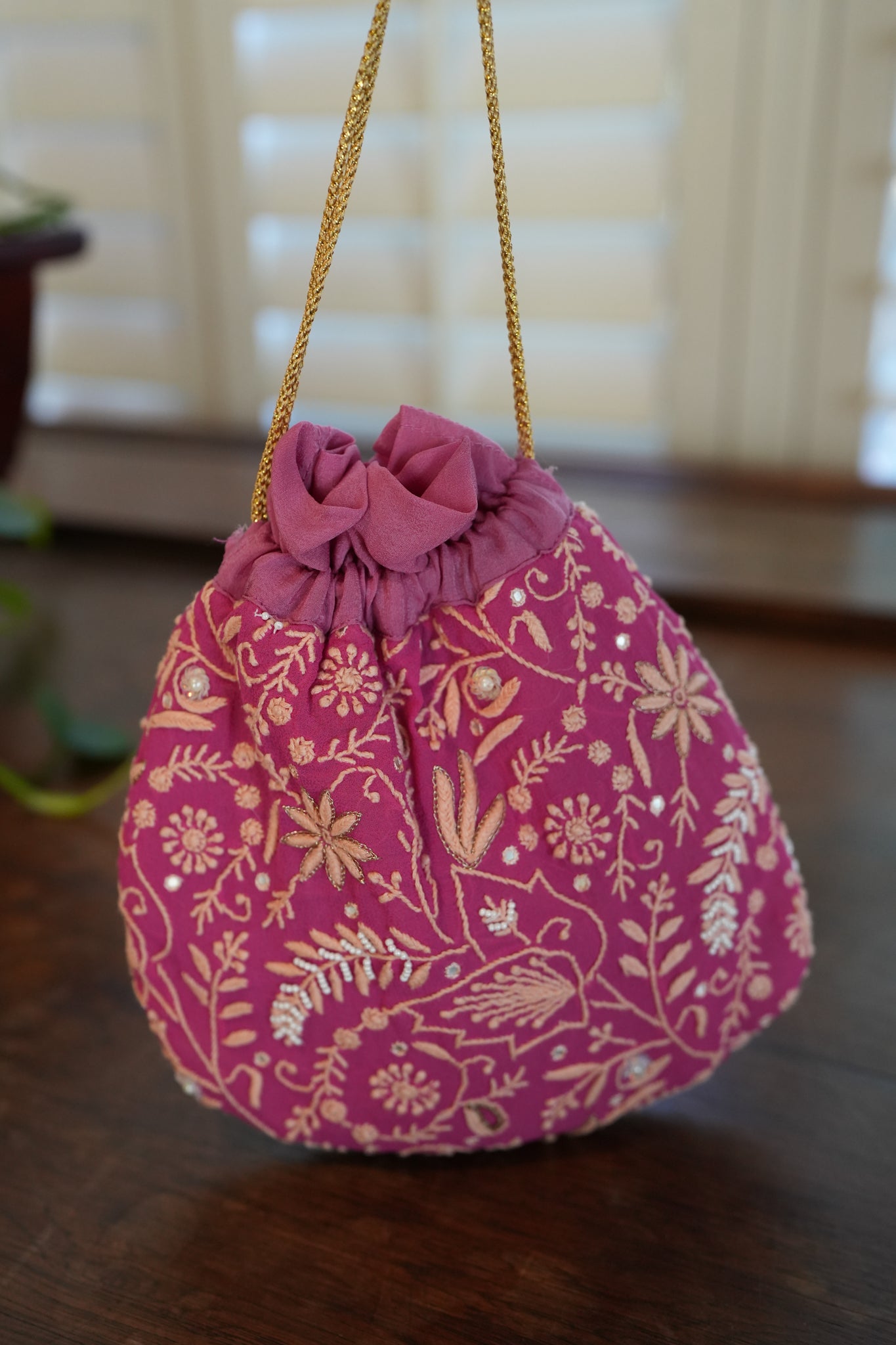 Pink Chikankari potli bag