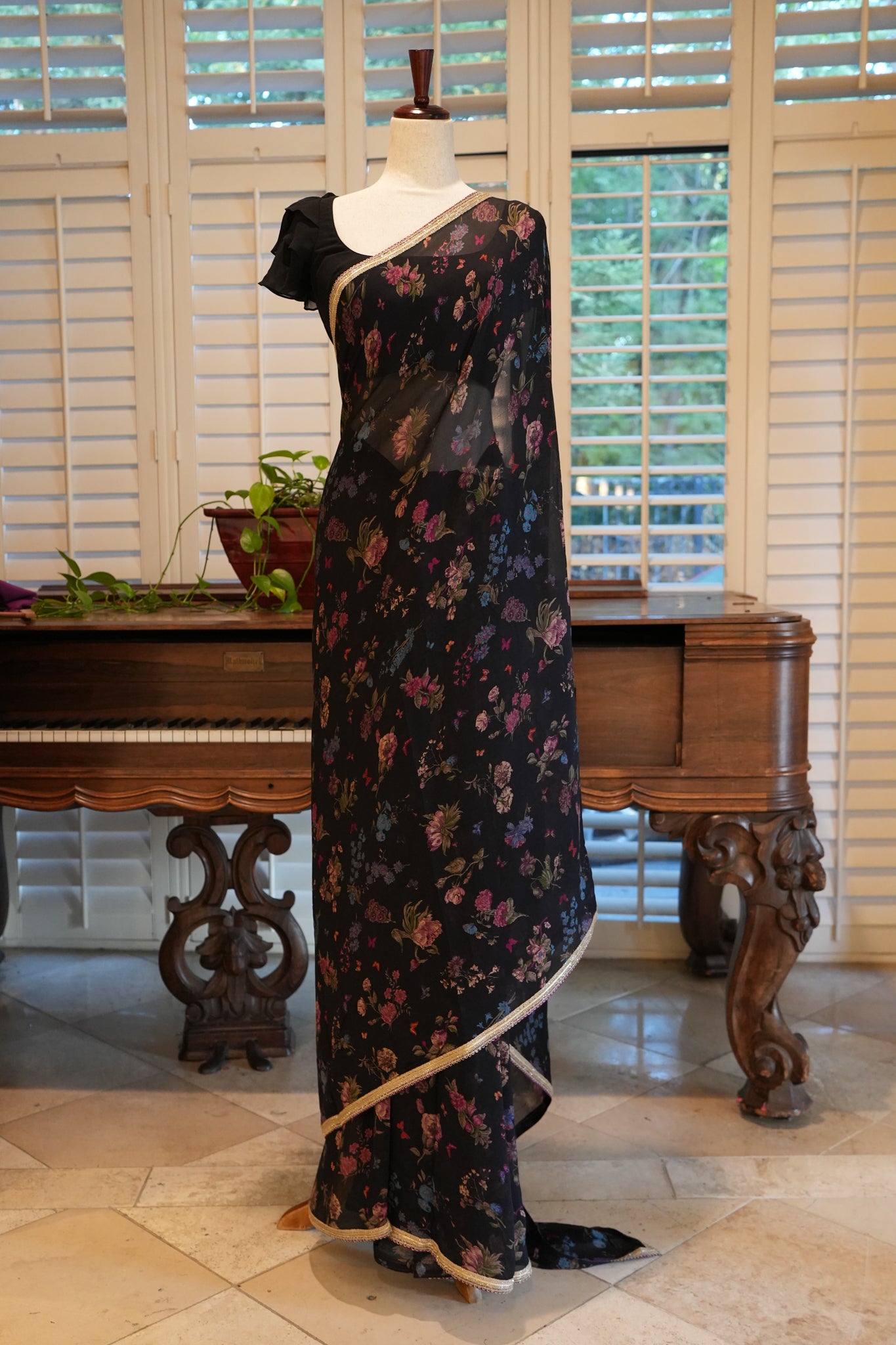 Black printed chiffon saree with border