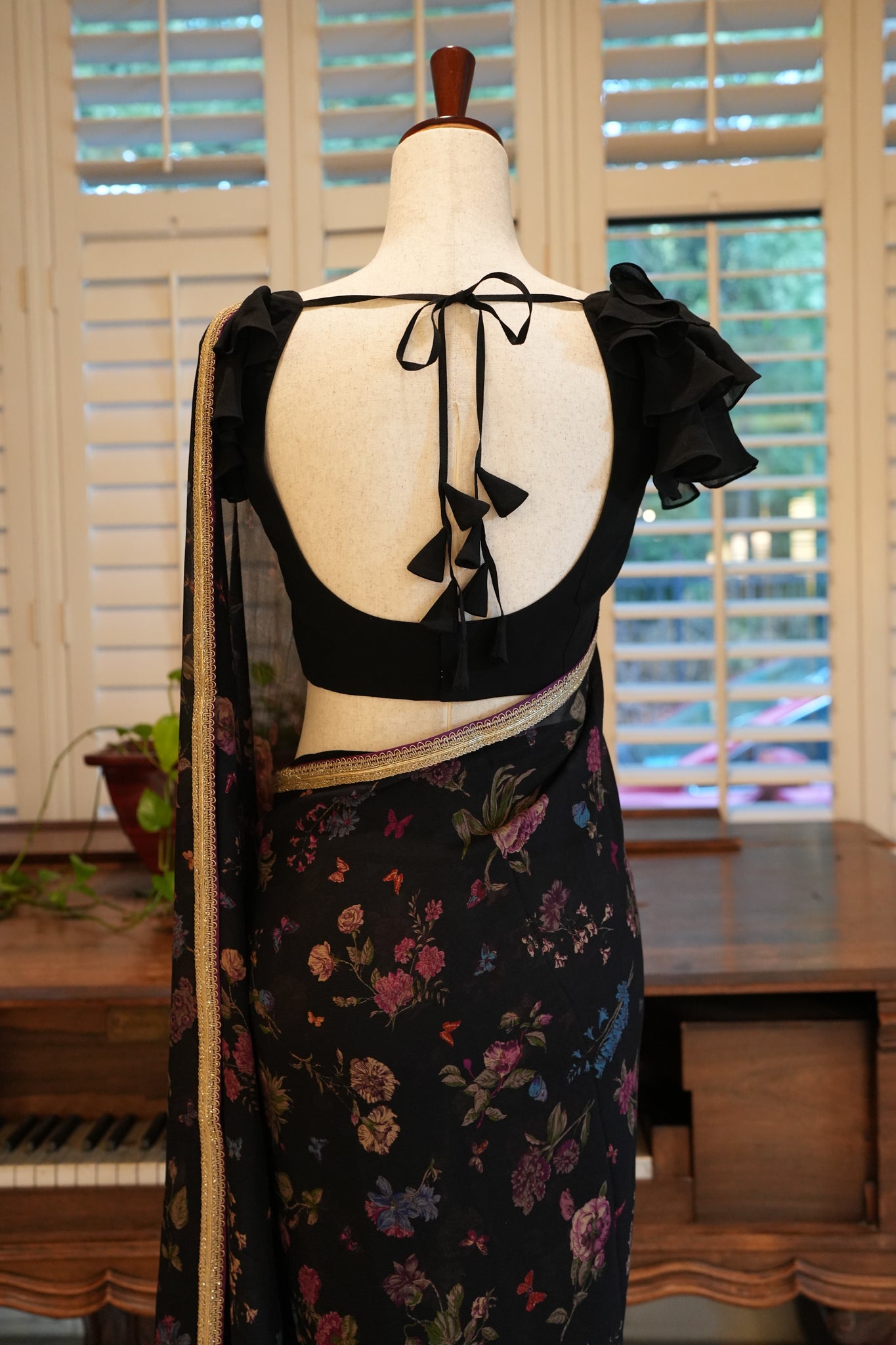 Black printed chiffon saree with border