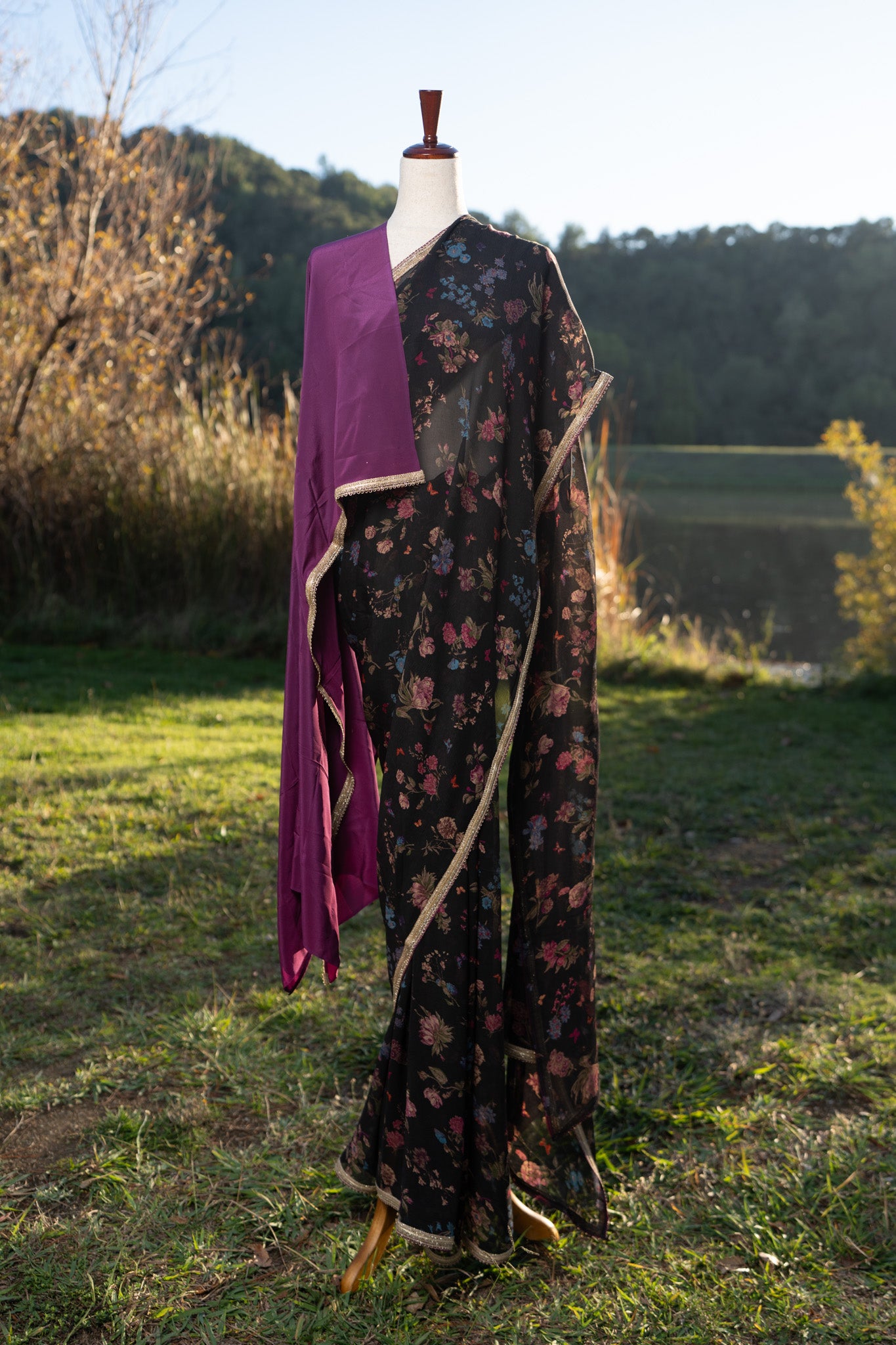 Black printed chiffon saree with border