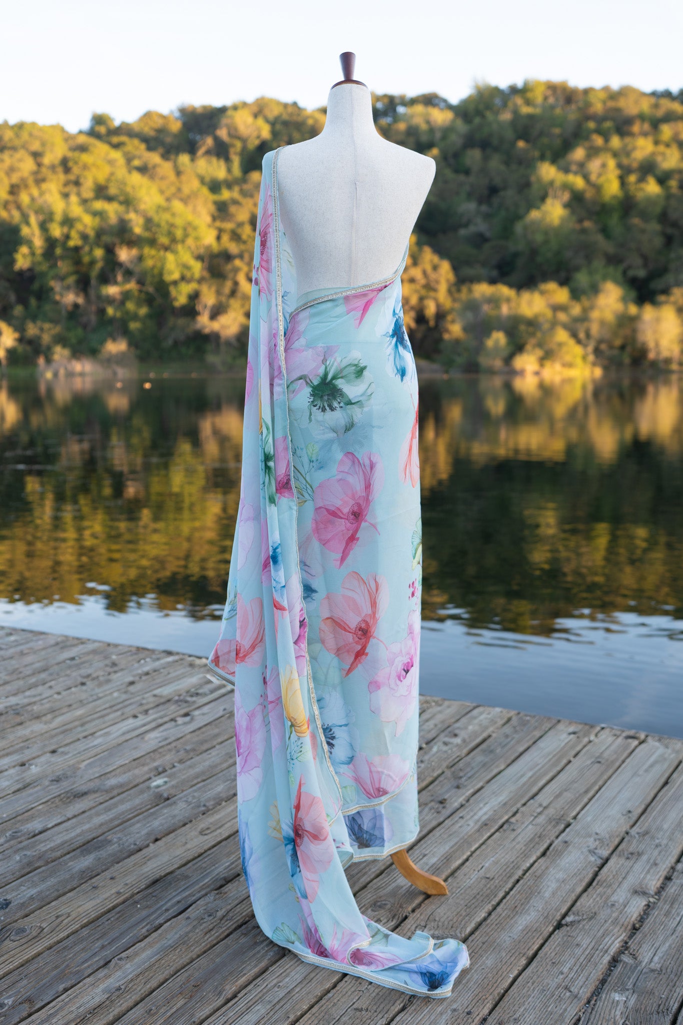 Printed chiffon saree with lace border