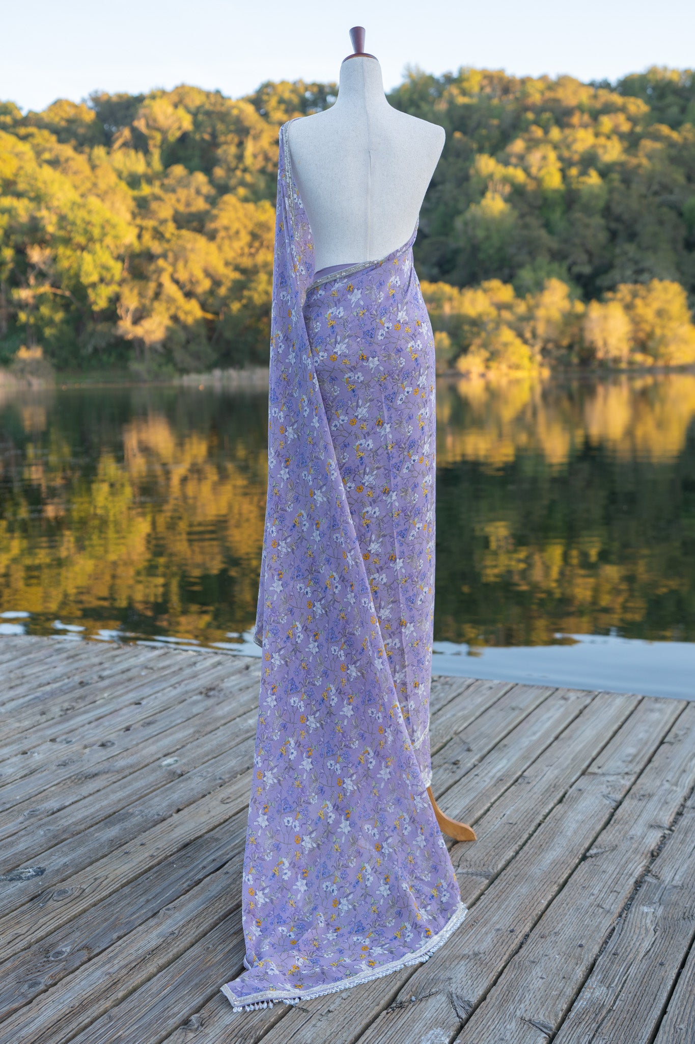 Printed chiffon saree with hand embroidered border