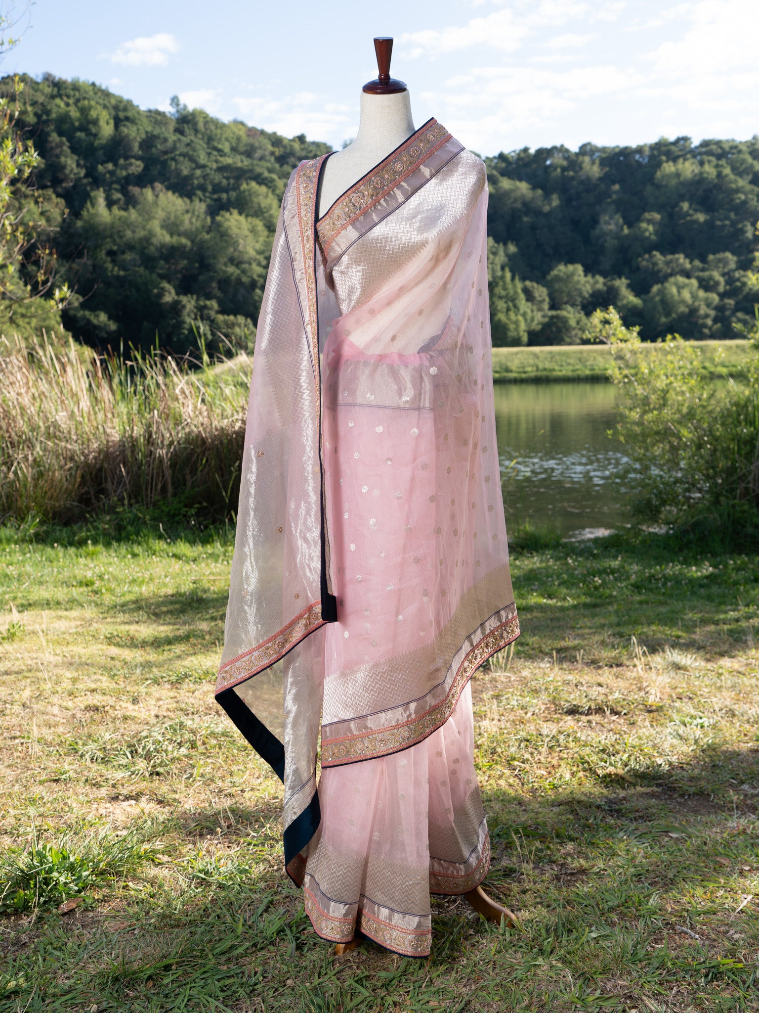 Baby pink chanderi saree with hand embroidered border