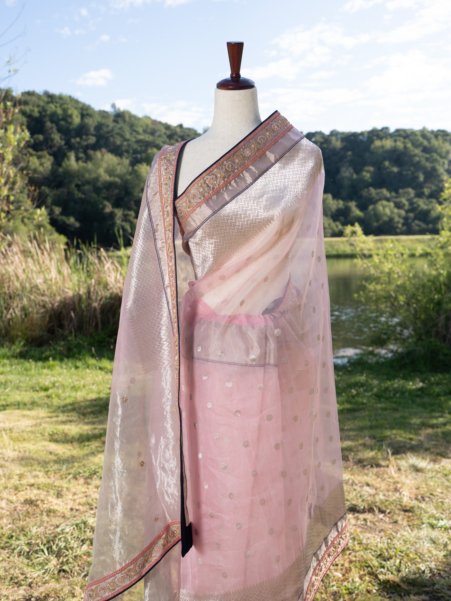 Baby pink chanderi saree with hand embroidered border