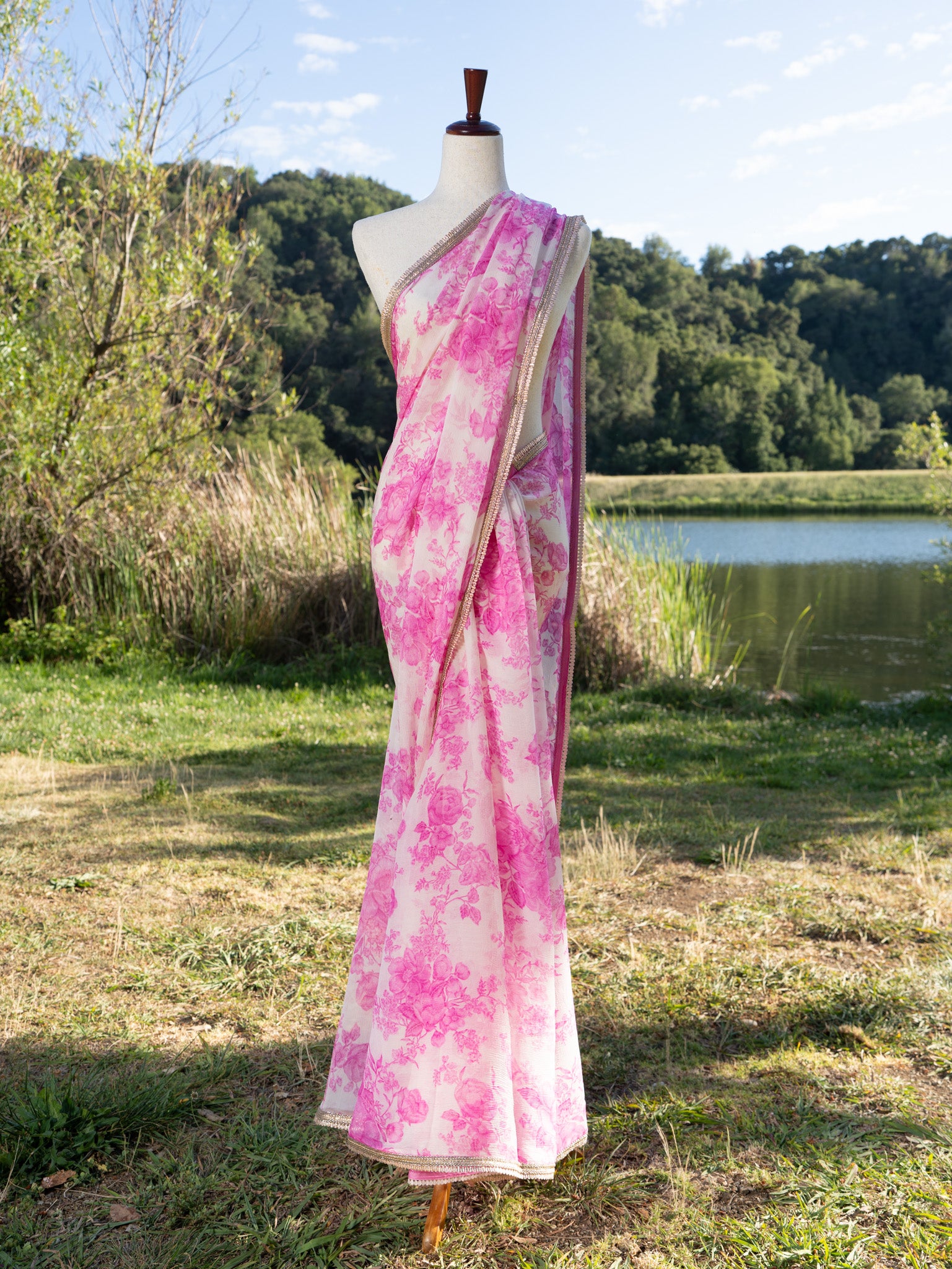Printed chiffon saree with lace border
