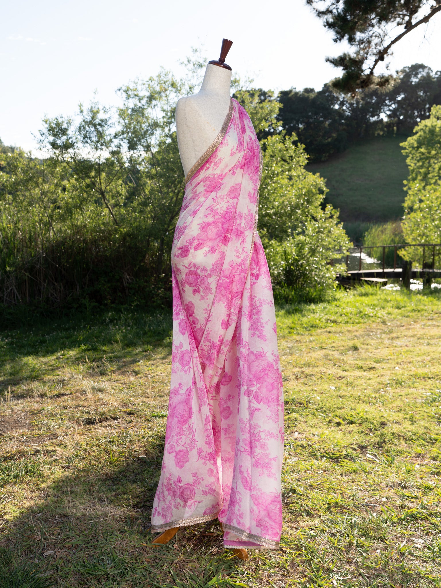 Printed chiffon saree with lace border