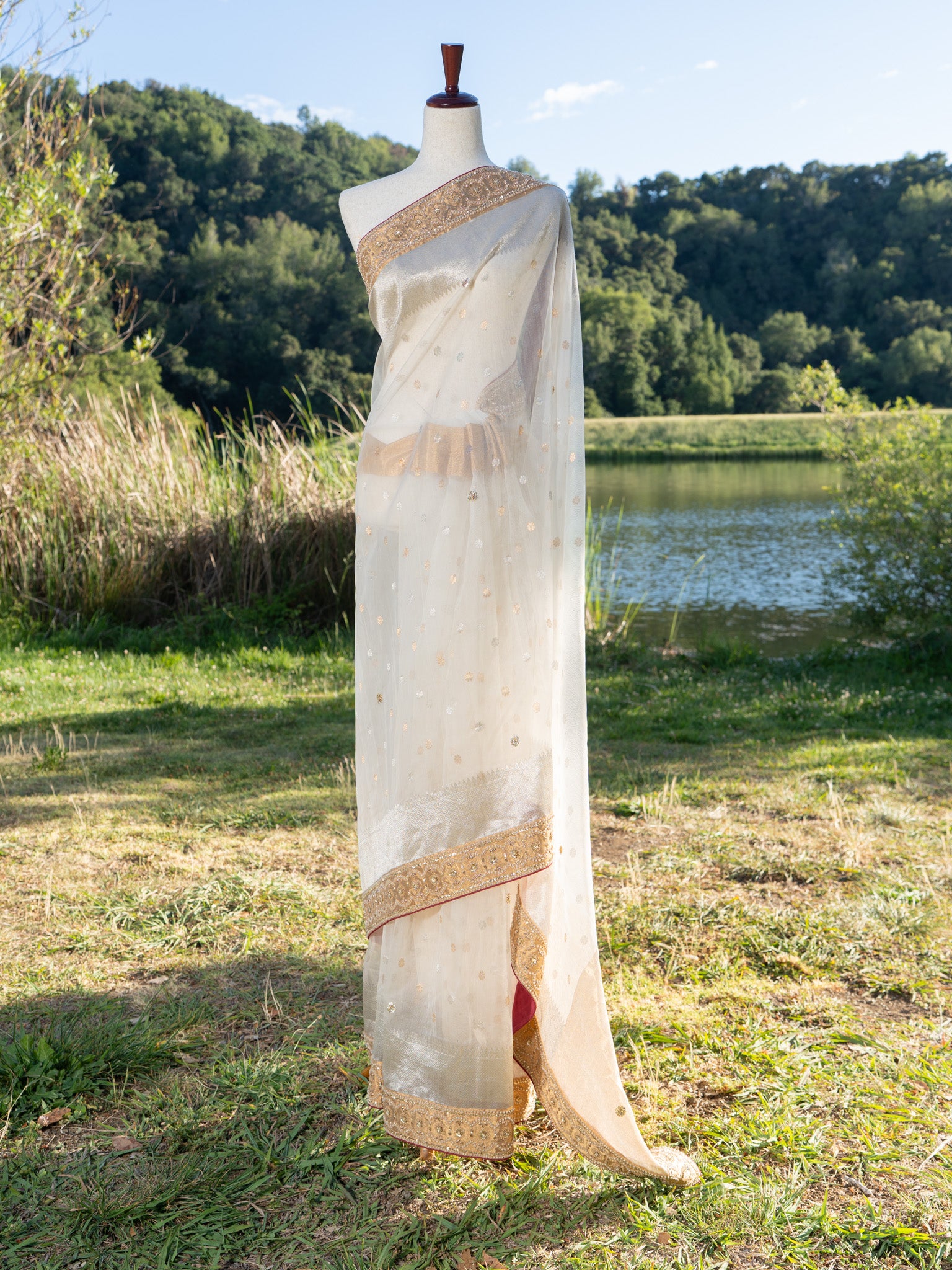 White chanderi saree with hand embroidered border