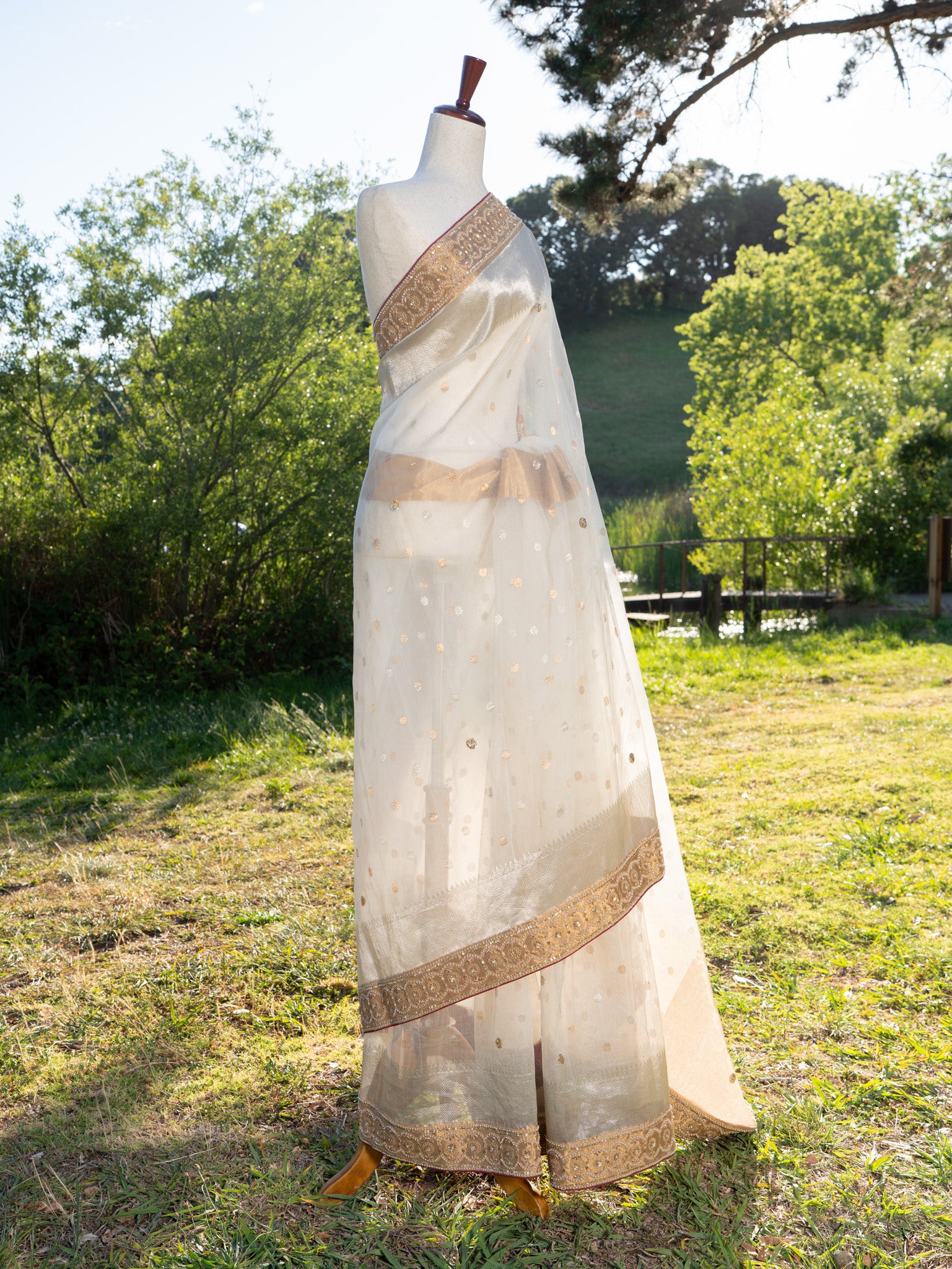 White chanderi saree with hand embroidered border