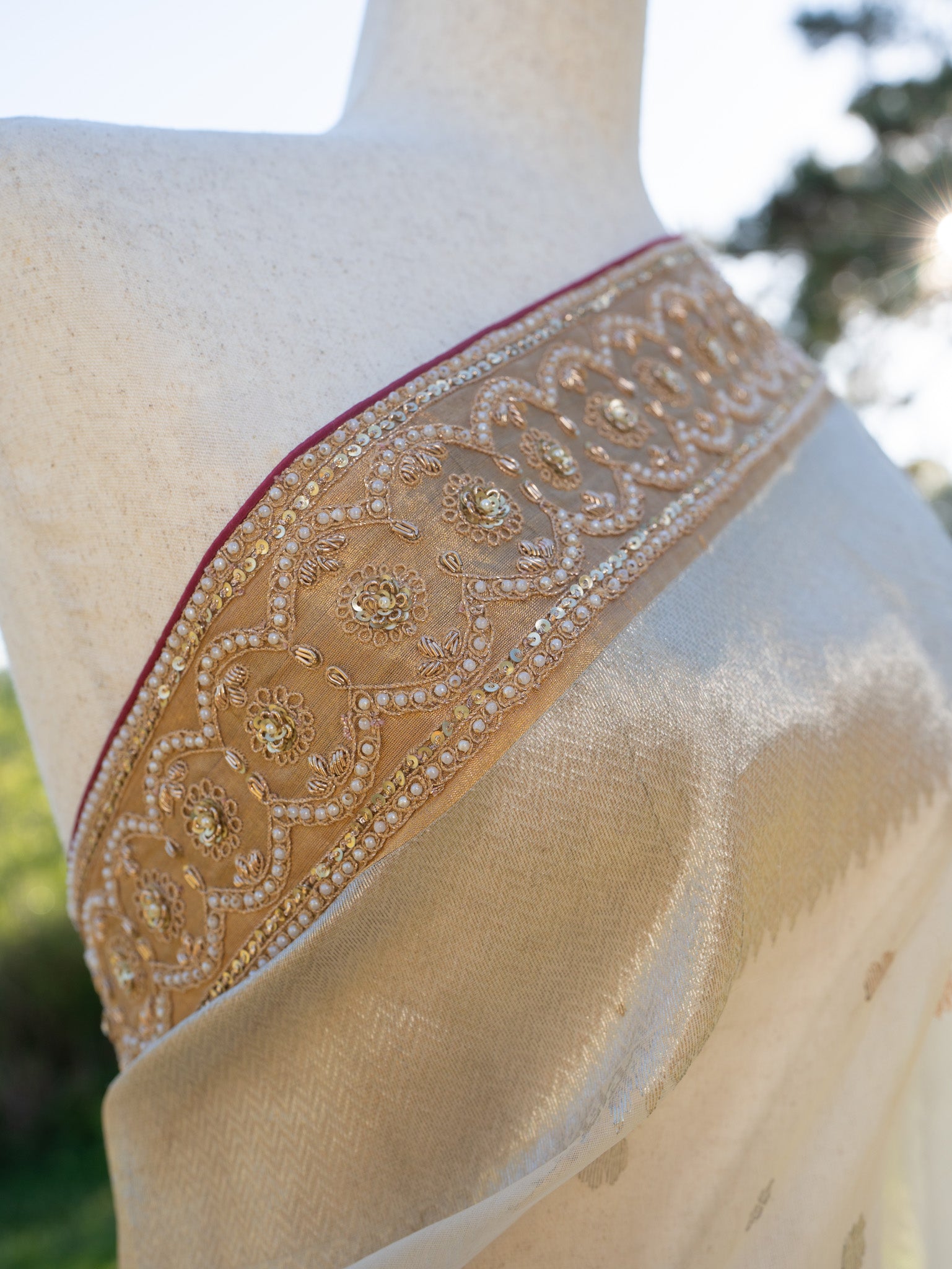 White chanderi saree with hand embroidered border