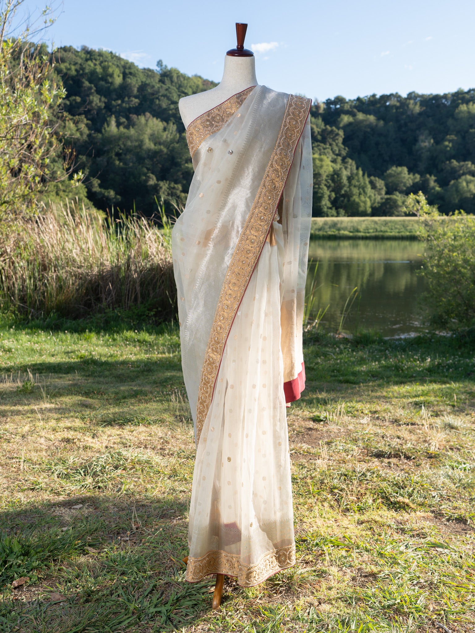 White chanderi saree with hand embroidered border