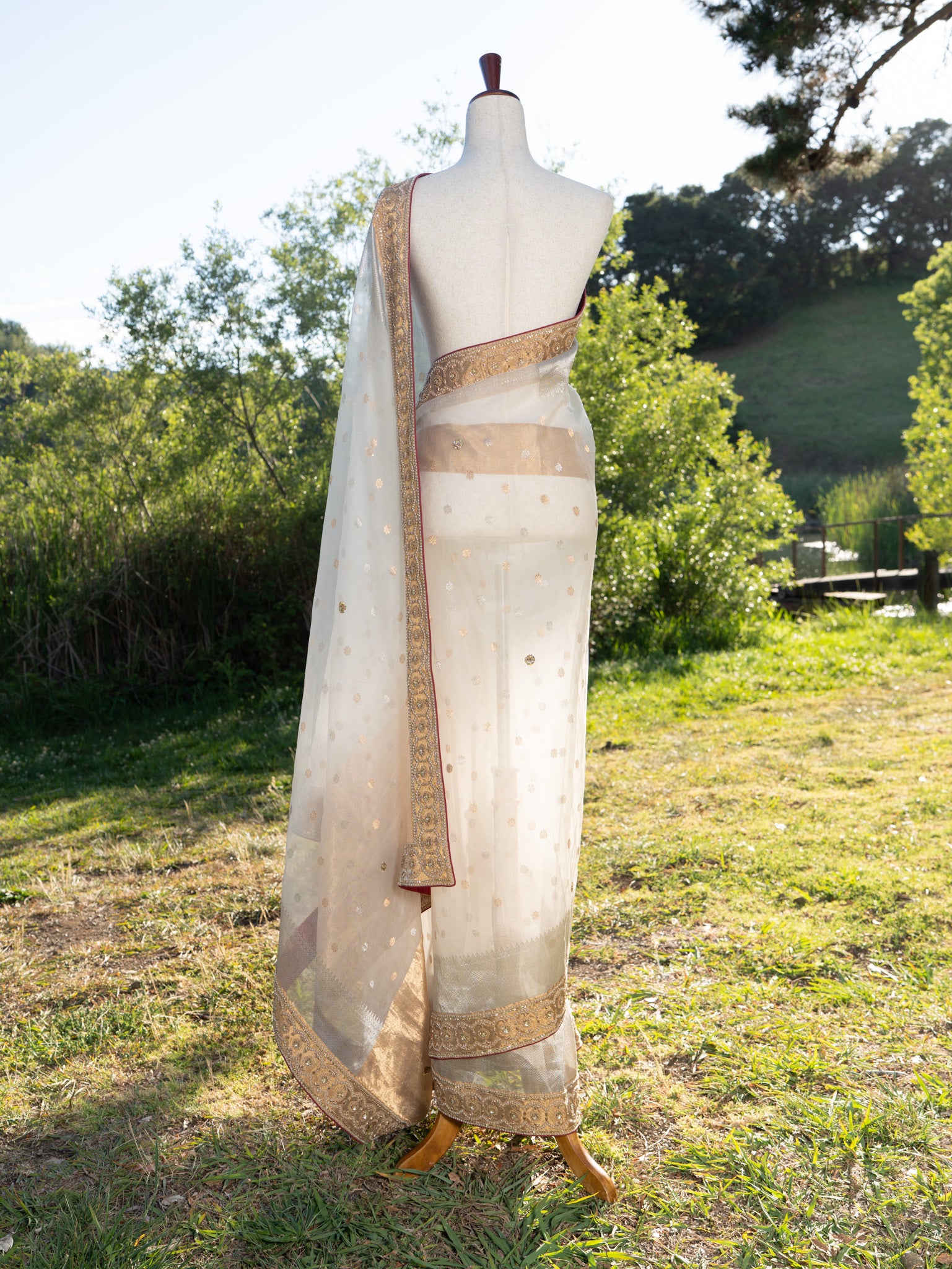 White chanderi saree with hand embroidered border