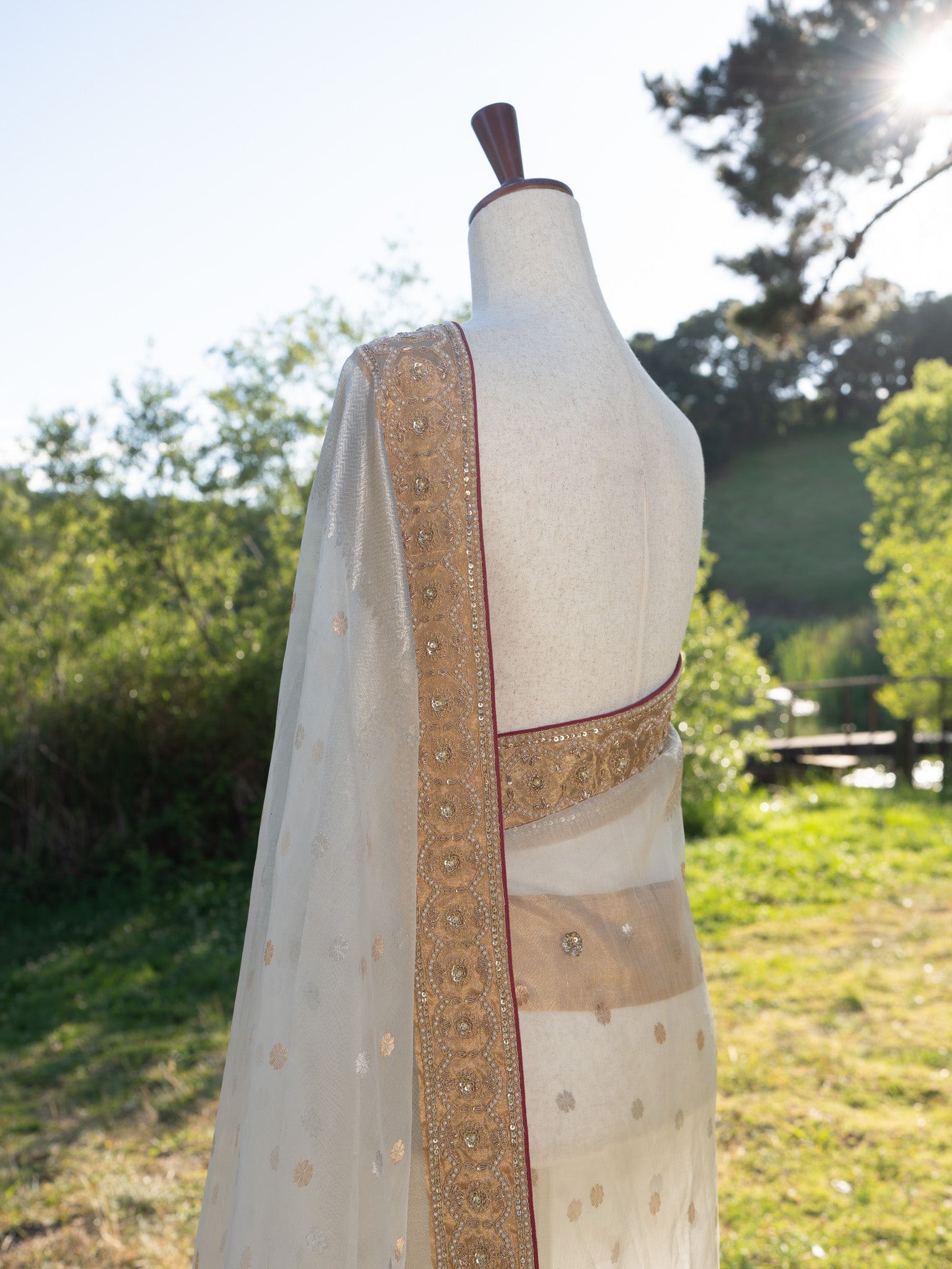 White chanderi saree with hand embroidered border