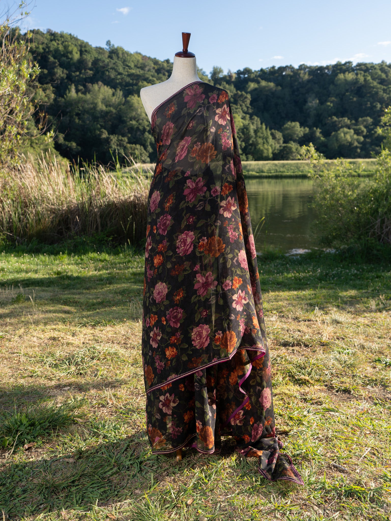 Printed chiffon saree with lace border