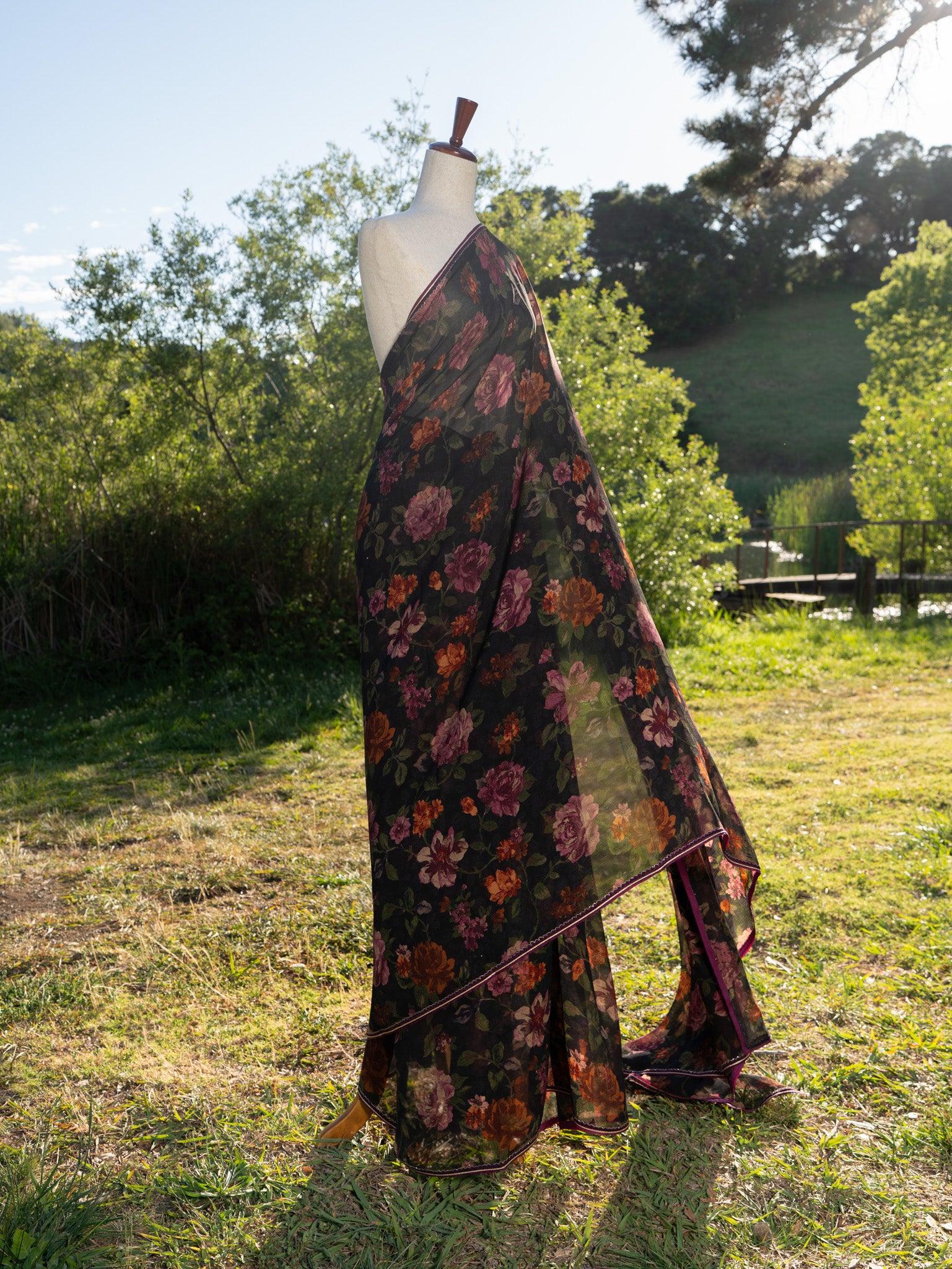 Printed chiffon saree with lace border