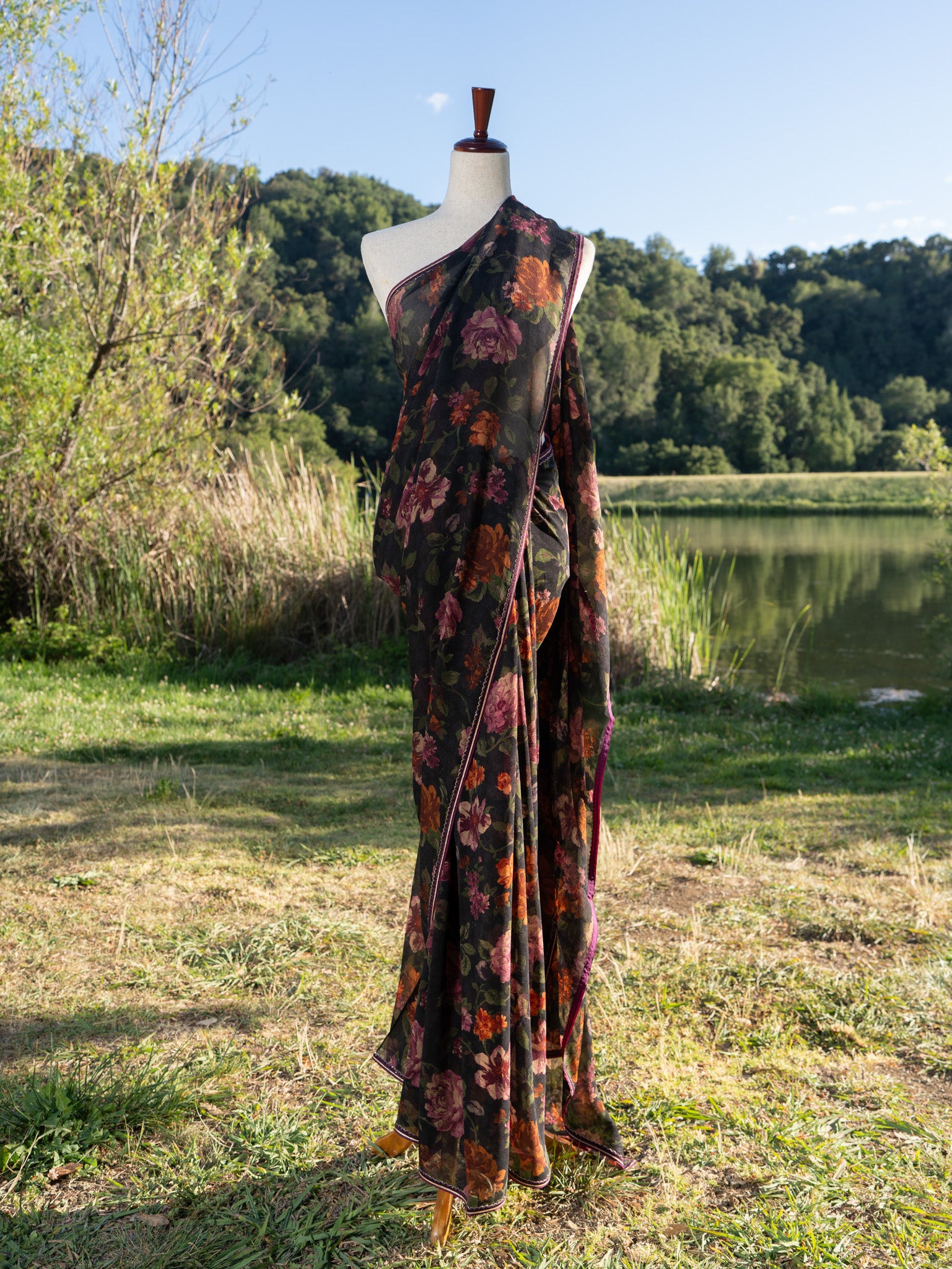 Printed chiffon saree with lace border