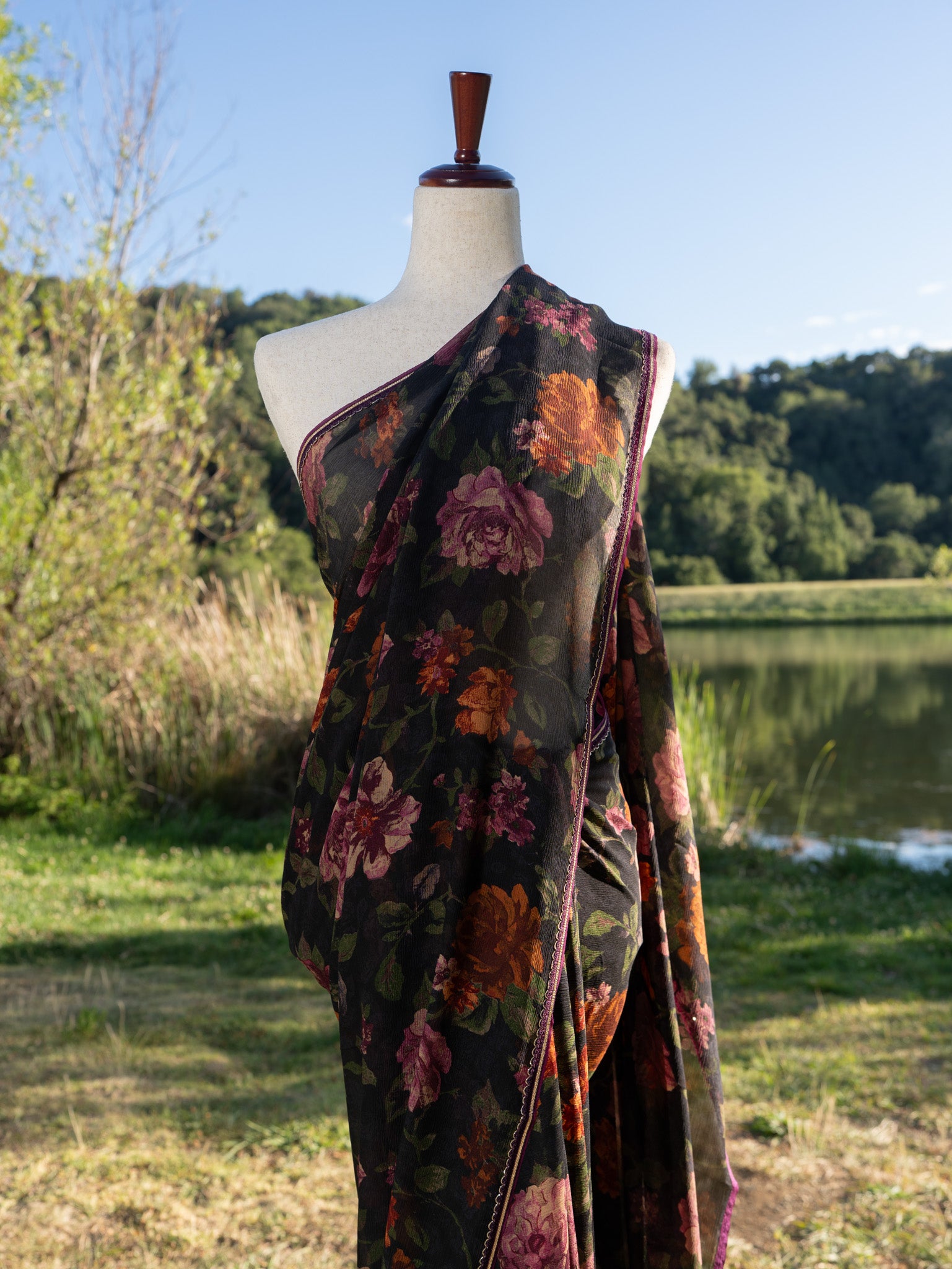 Printed chiffon saree with lace border