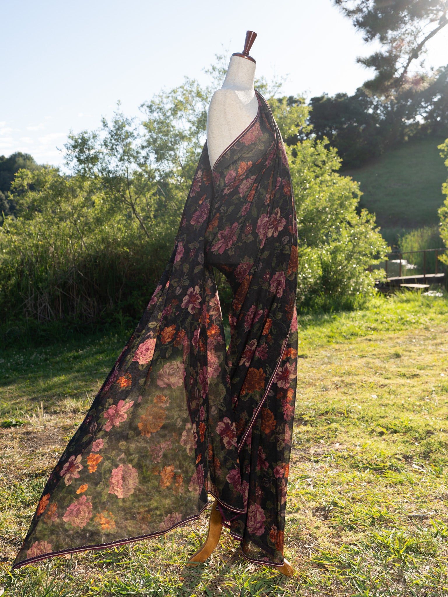 Printed chiffon saree with lace border