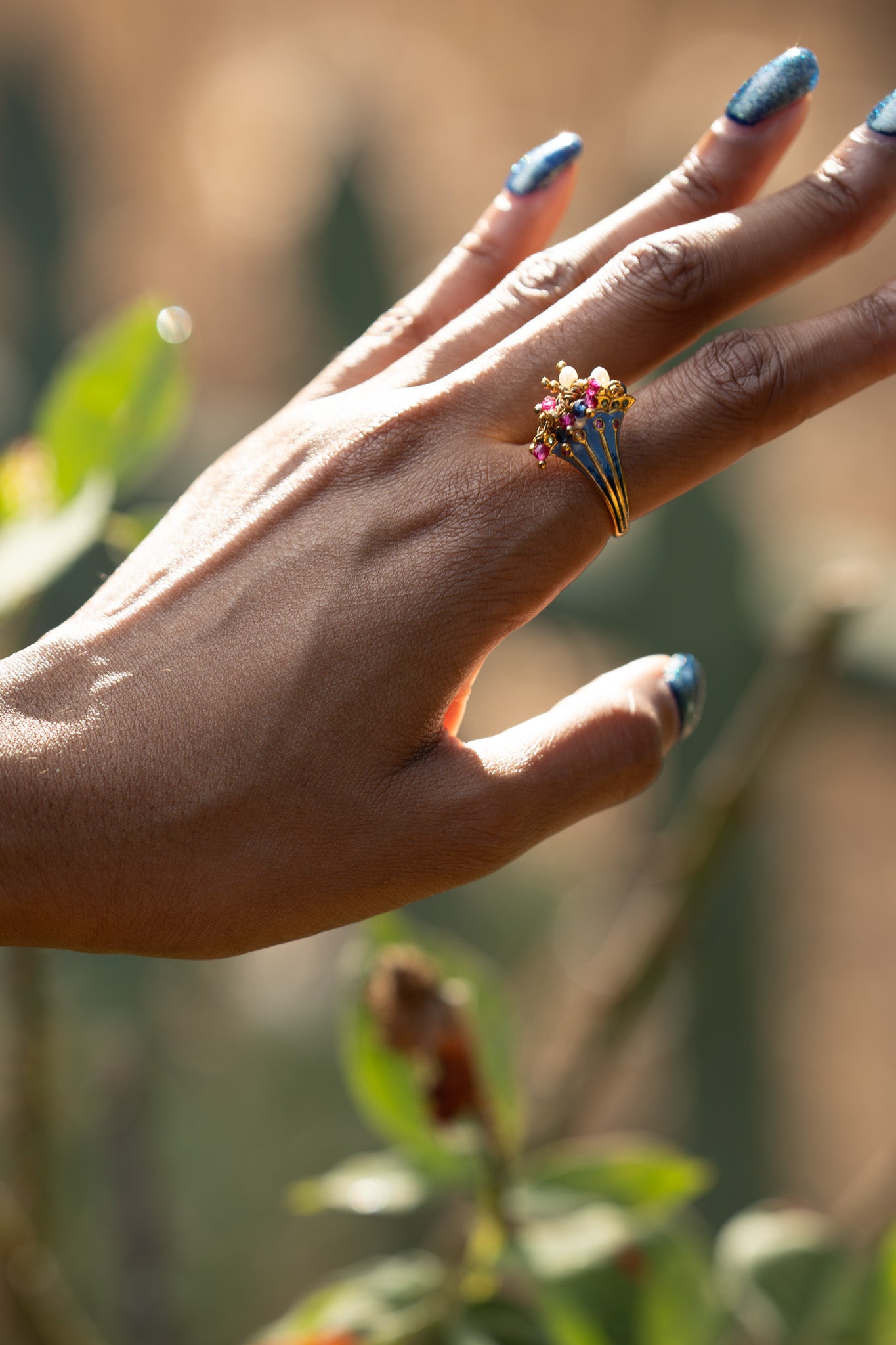 SILVER GOLD PLATED BAAHUBALI ENAMELLED FAN CLUSTER RING