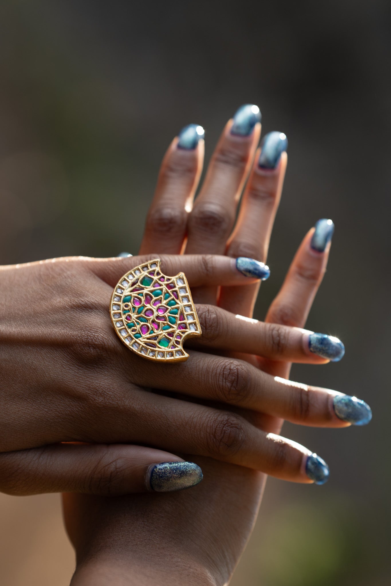 Silver Gold Plated Floral Pink Green White Glass Ring