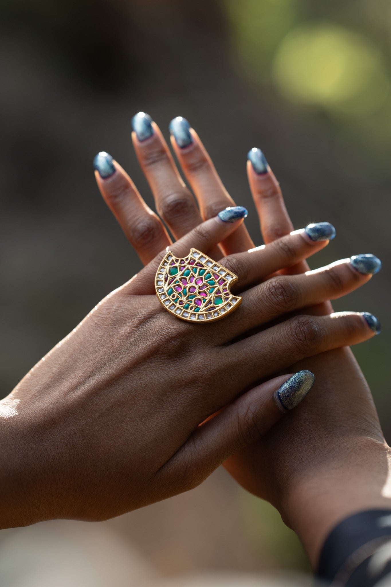Silver Gold Plated Floral Pink Green White Glass Ring