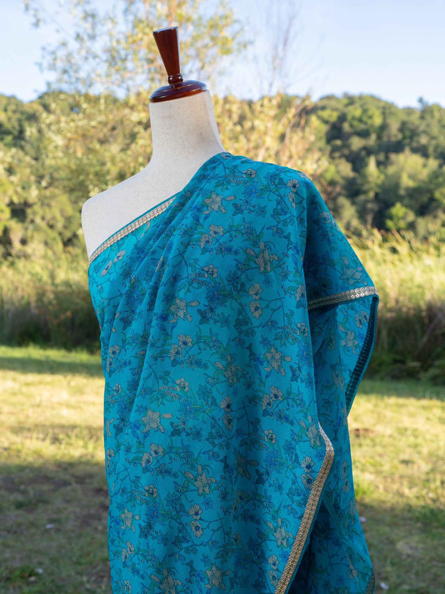 Blue printed chiffon saree
