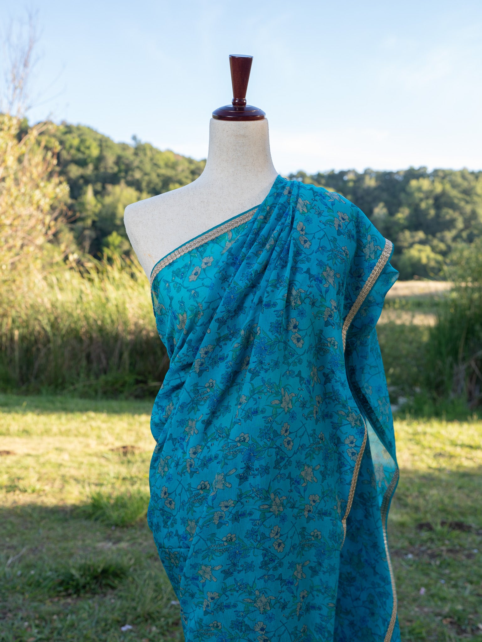 Blue printed chiffon saree