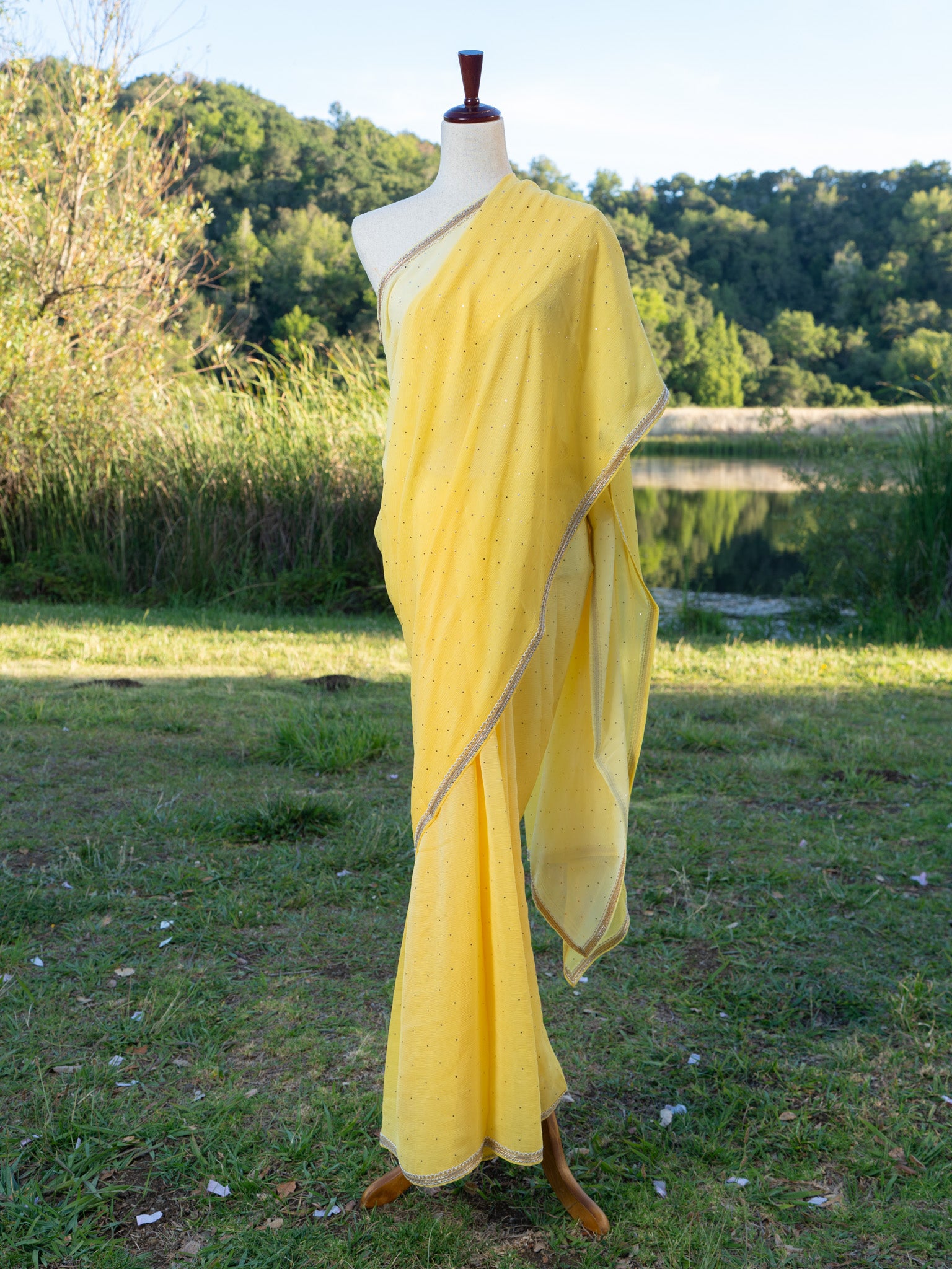 Yellow printed chiffon saree