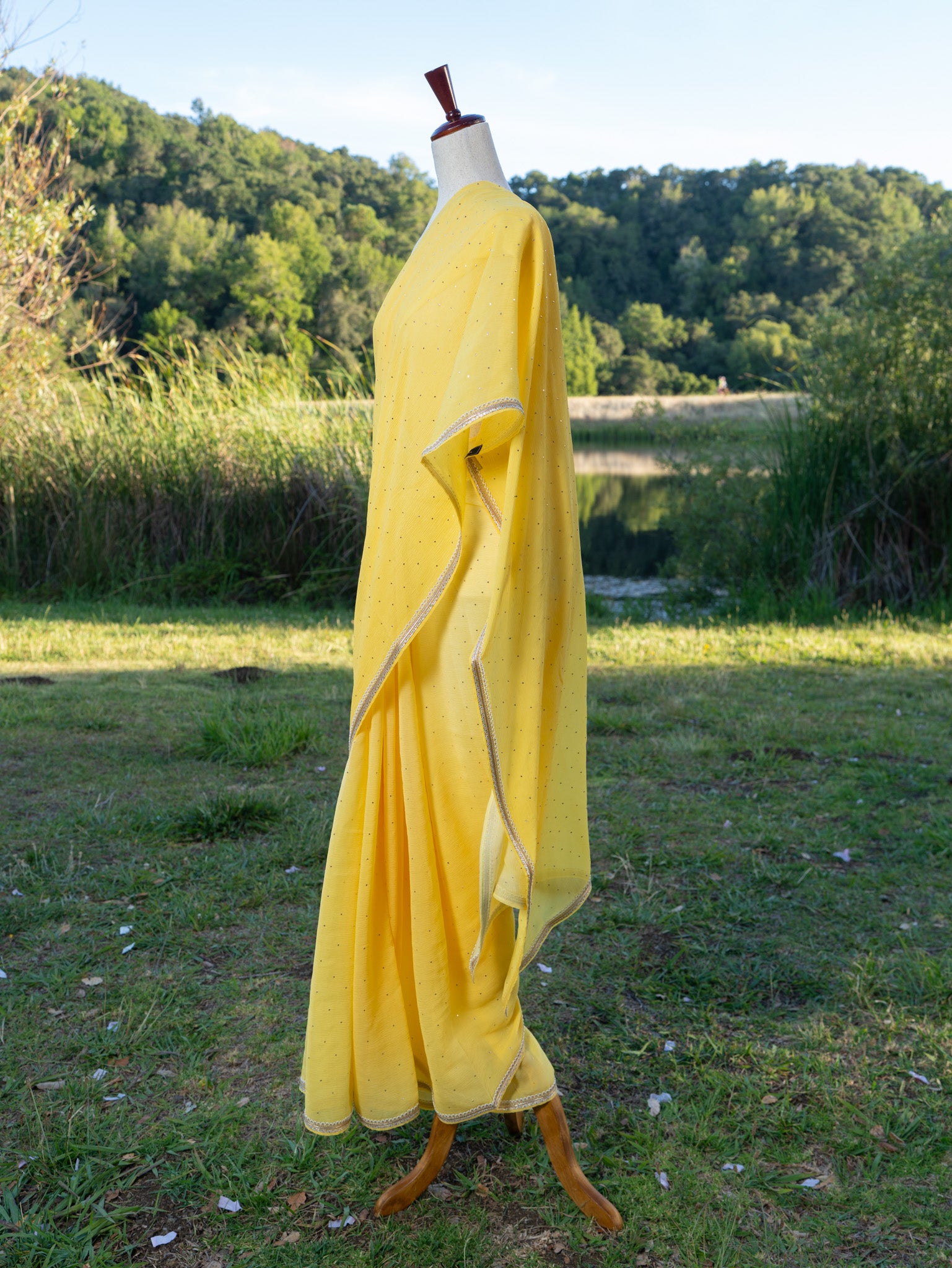 Yellow printed chiffon saree