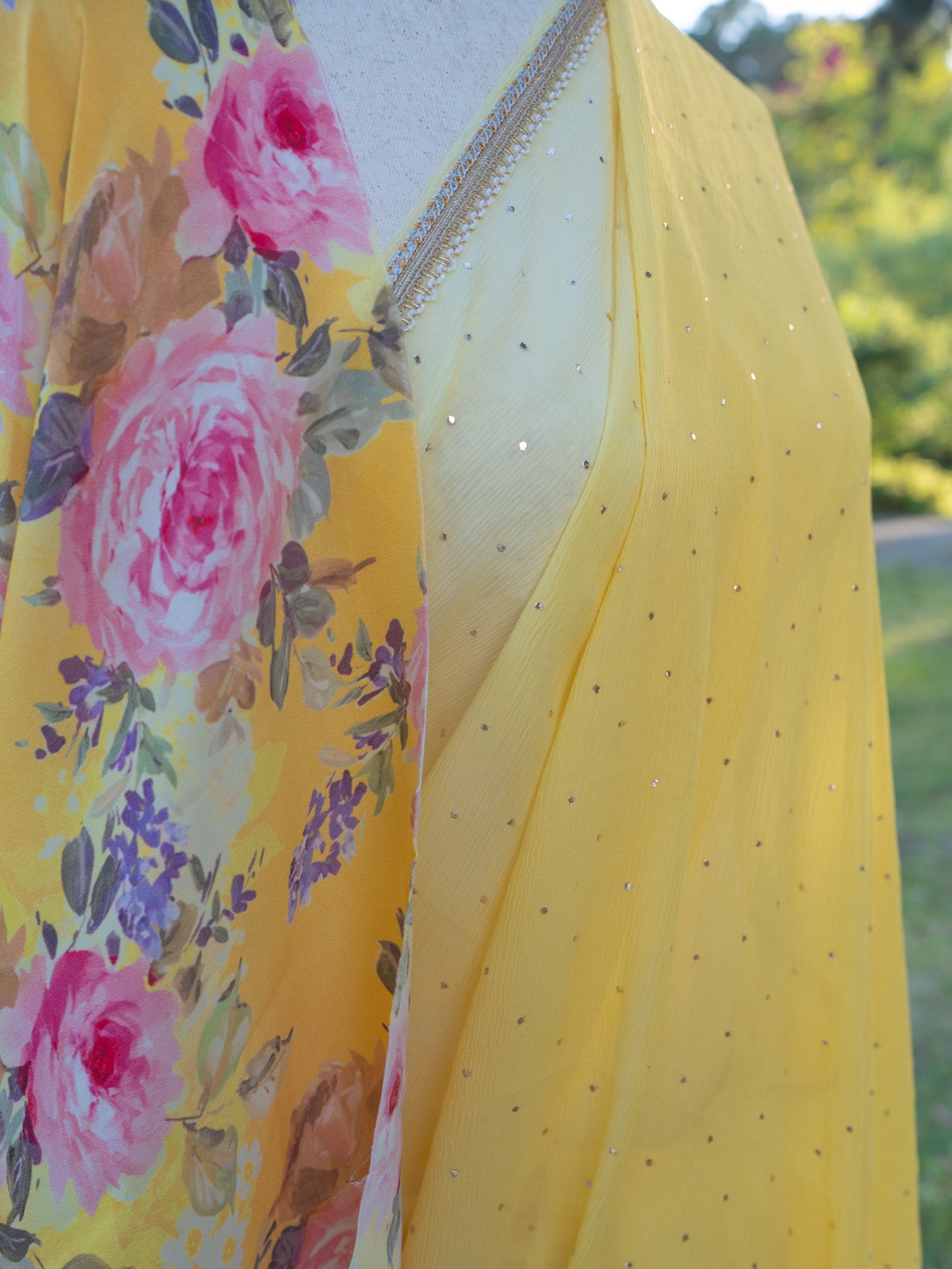 Yellow printed chiffon saree