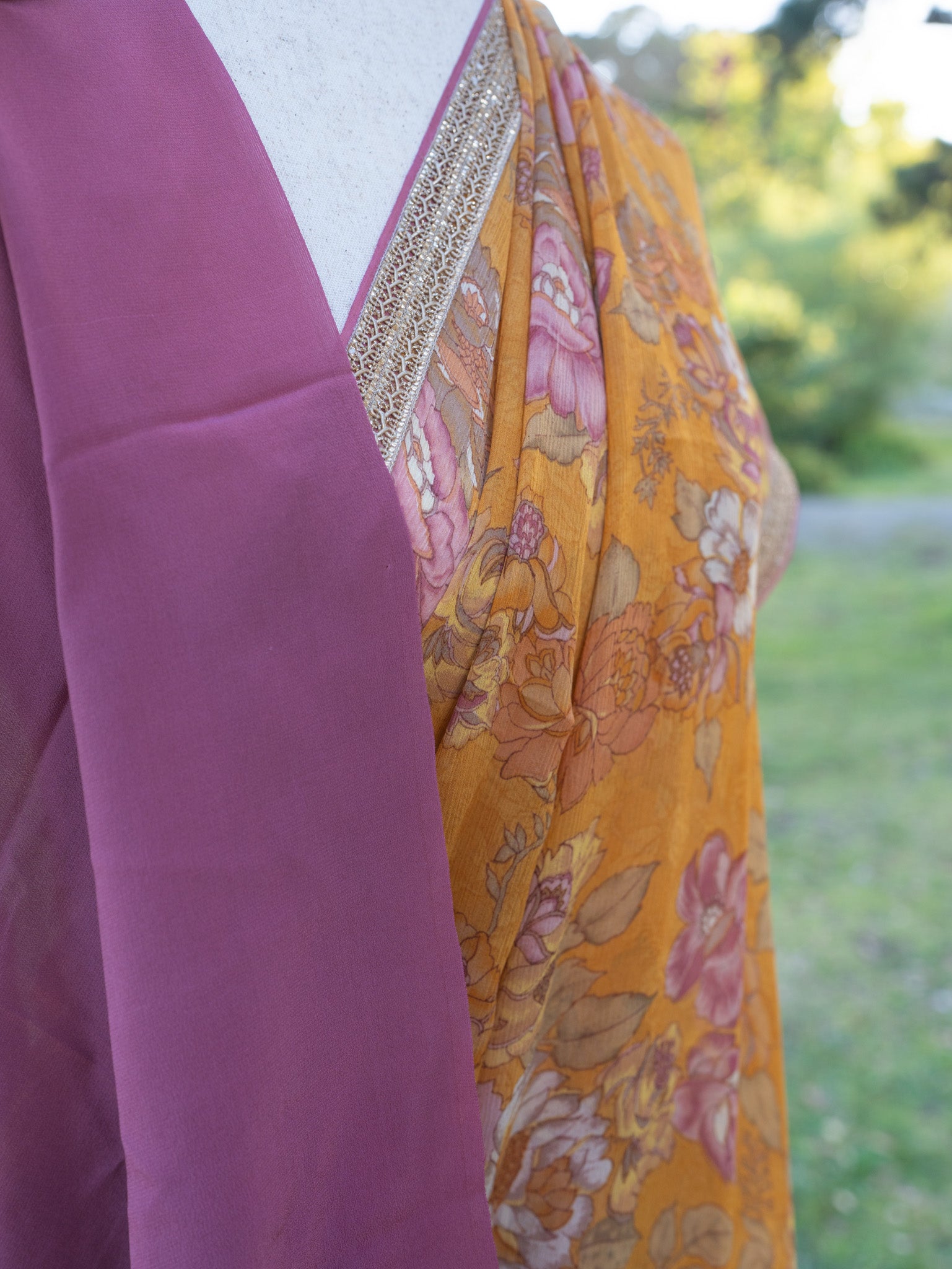Rust printed chiffon saree
