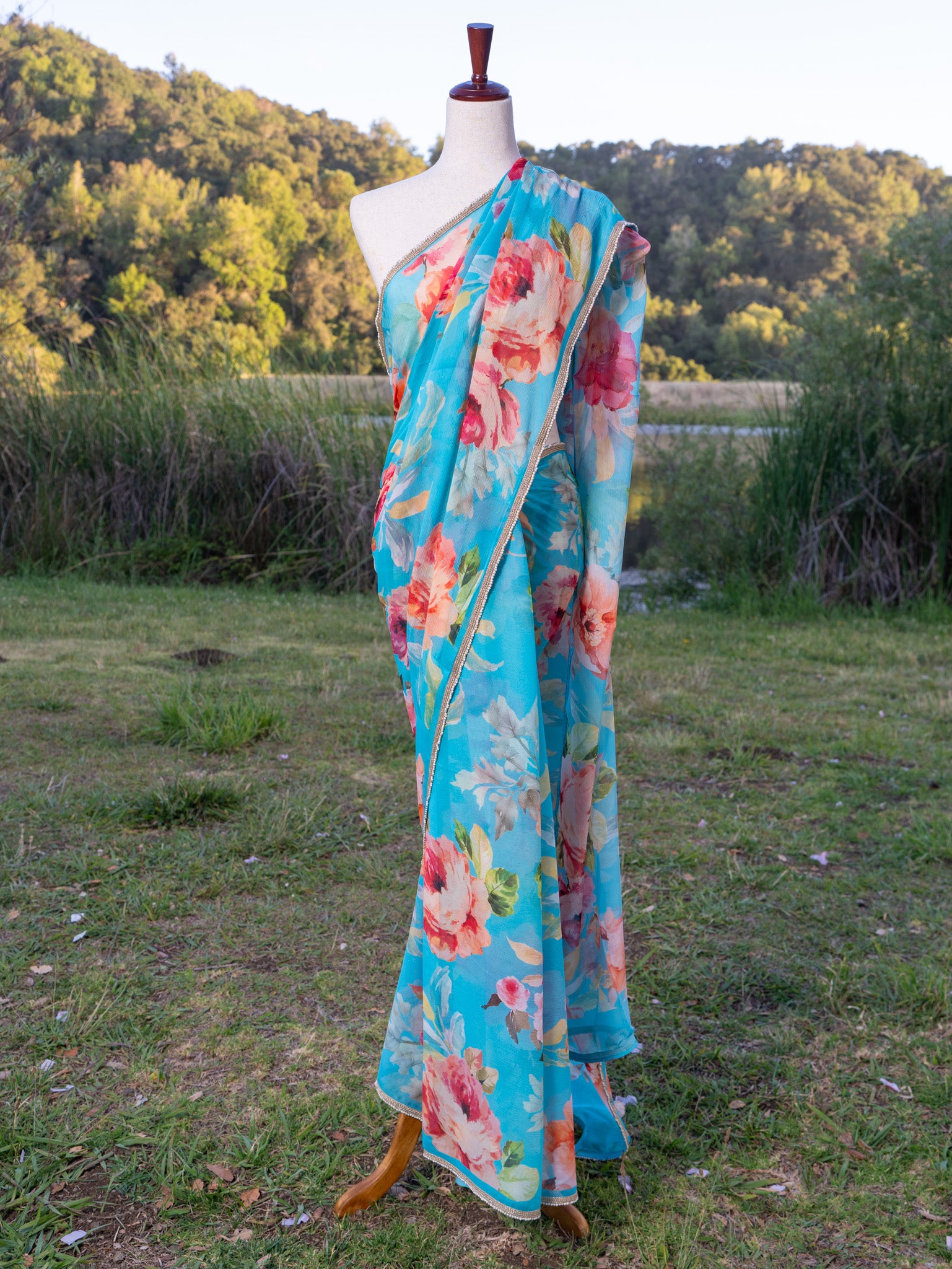 Blue printed chiffon saree
