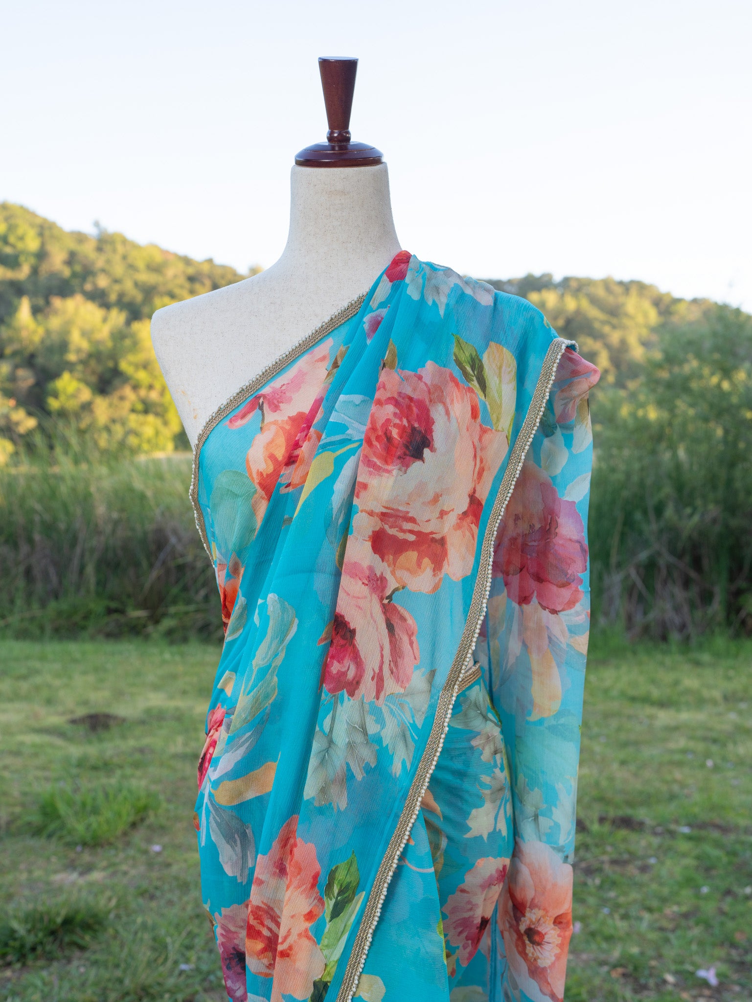 Blue printed chiffon saree