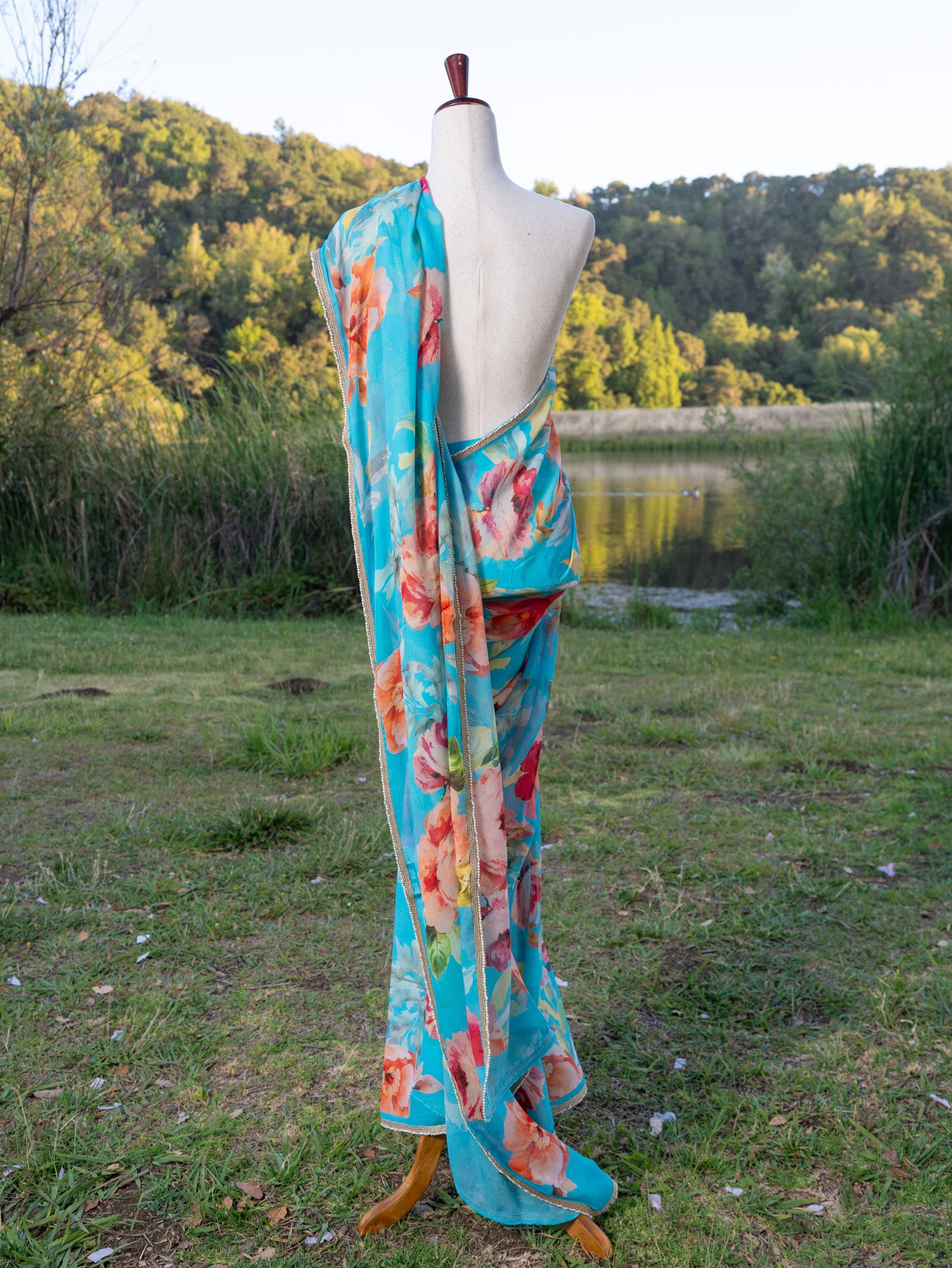 Blue printed chiffon saree