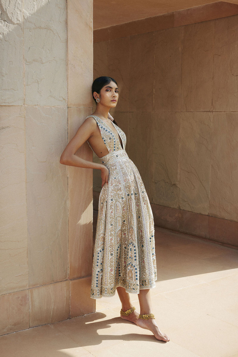 Mihika Zardozi & Gota Patti Silk Dress - Ivory