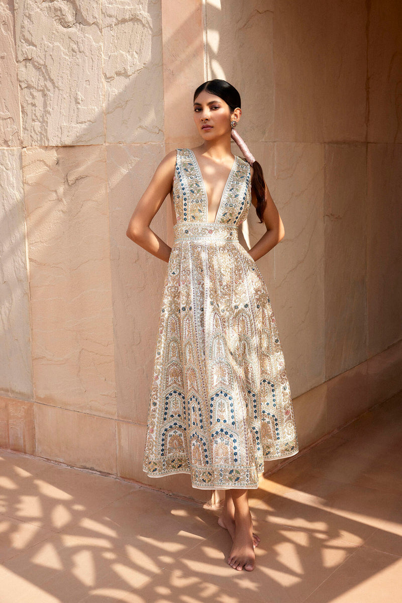 Mihika Zardozi & Gota Patti Silk Dress - Ivory