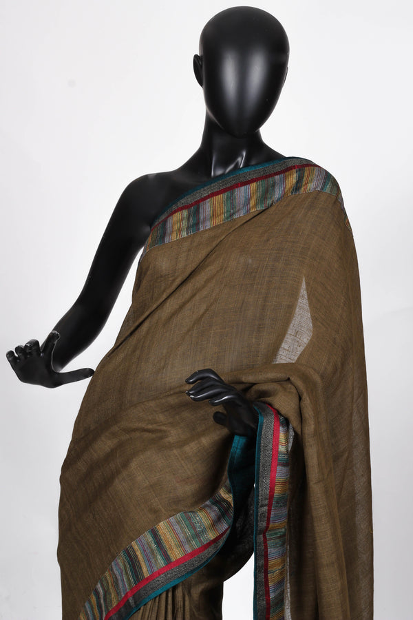 Dark olive woven saree