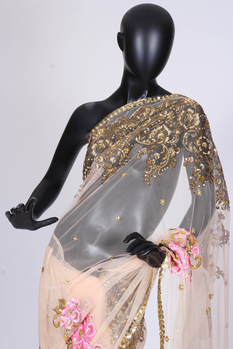 Bhairavi Jaikishan light peach tulle saree