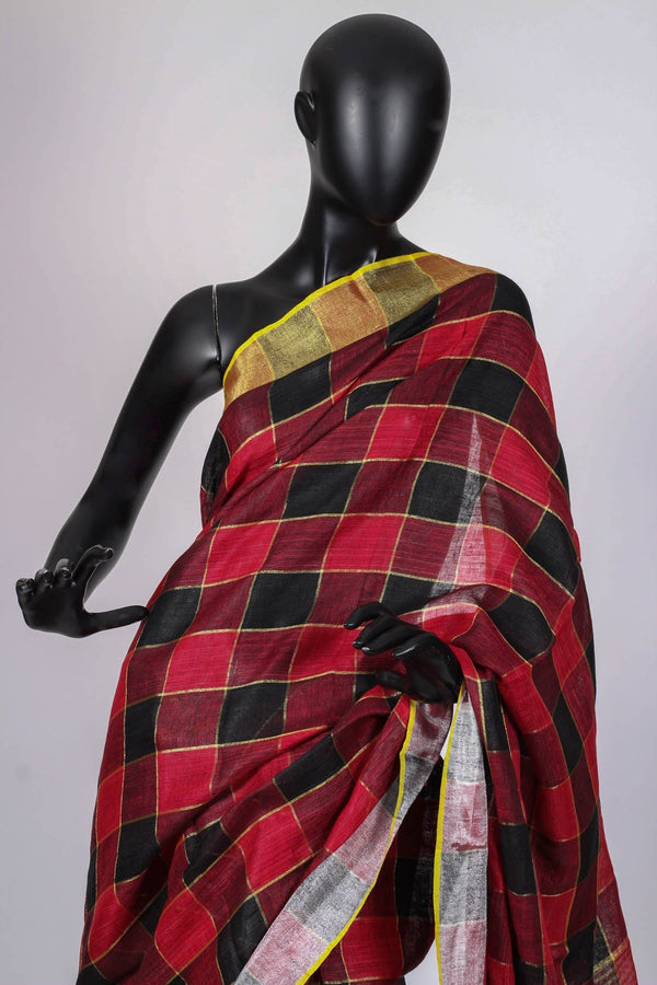 Black and red check Linen Saree