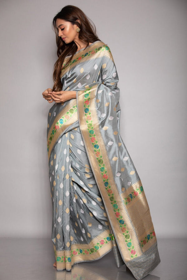 Grey Katan Silk Saree