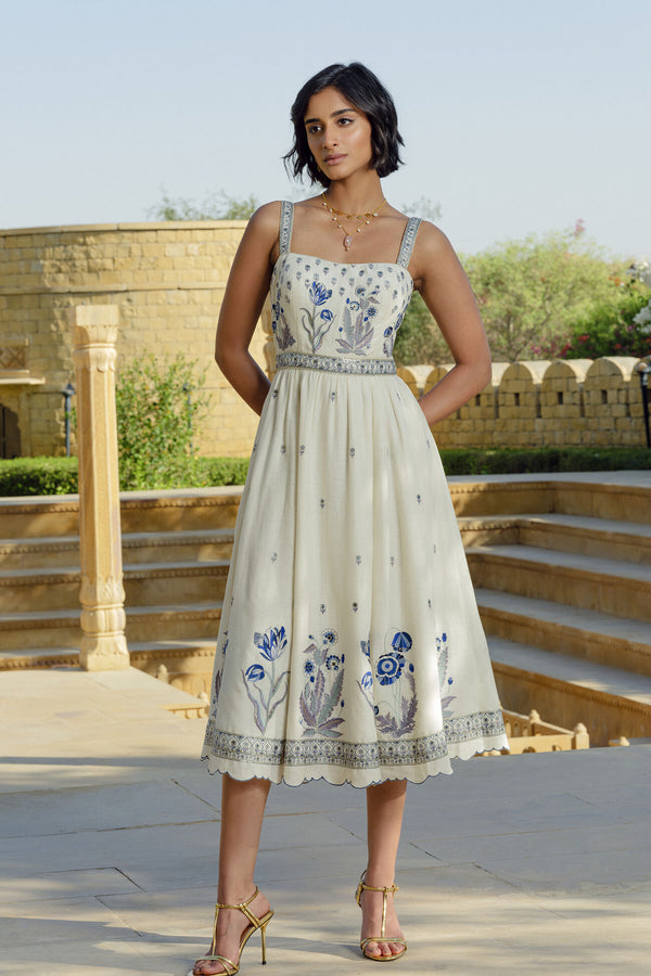 Emalia Embroidered Linen Dress - Natural