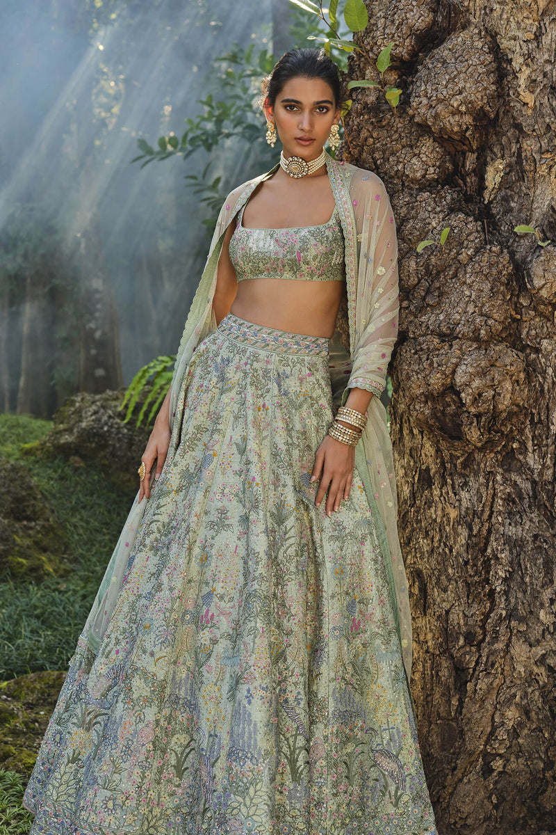 Alazani Embroidered Silk Lehenga Set - Sage