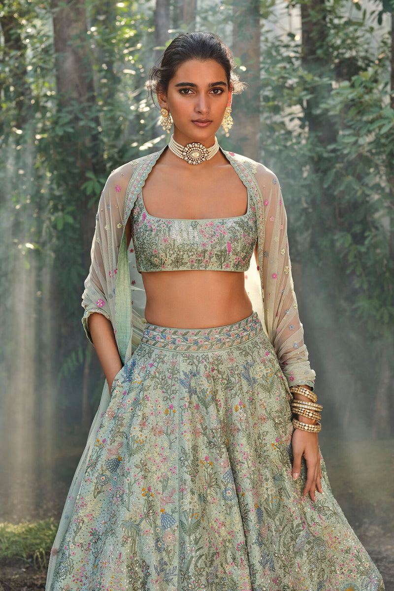 Alazani Embroidered Silk Lehenga Set - Sage