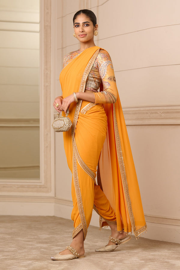 Orange Concept Draped Dhoti Saree with Printed Blouse