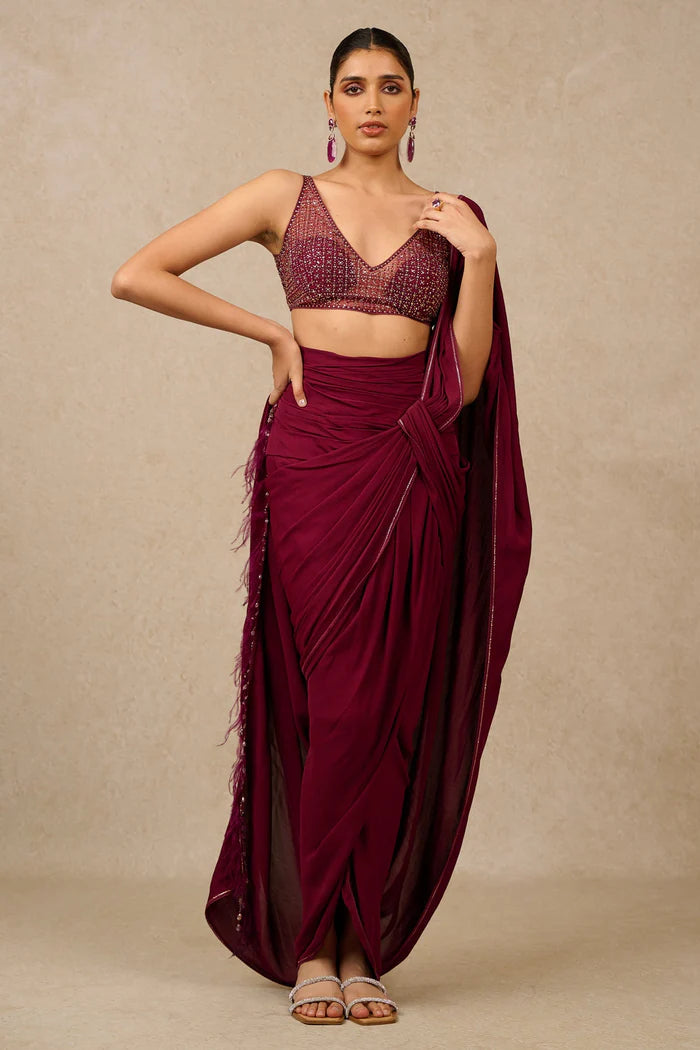 Tarun Tahiliani Plum Georgette Drape Saree