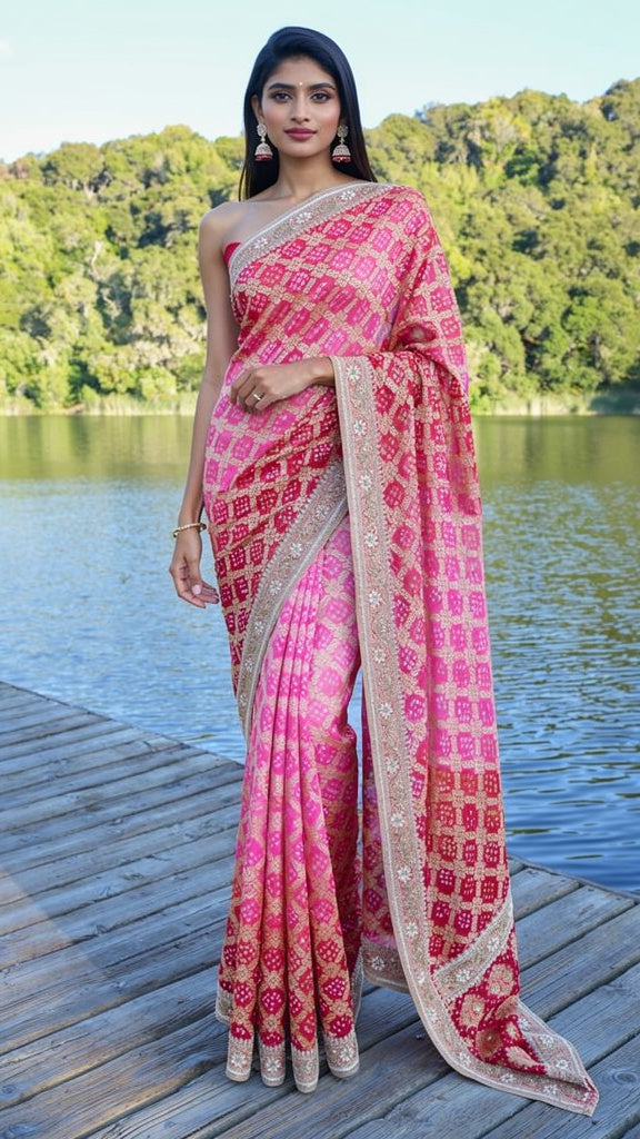 Hand Embroidered Bandhej saree