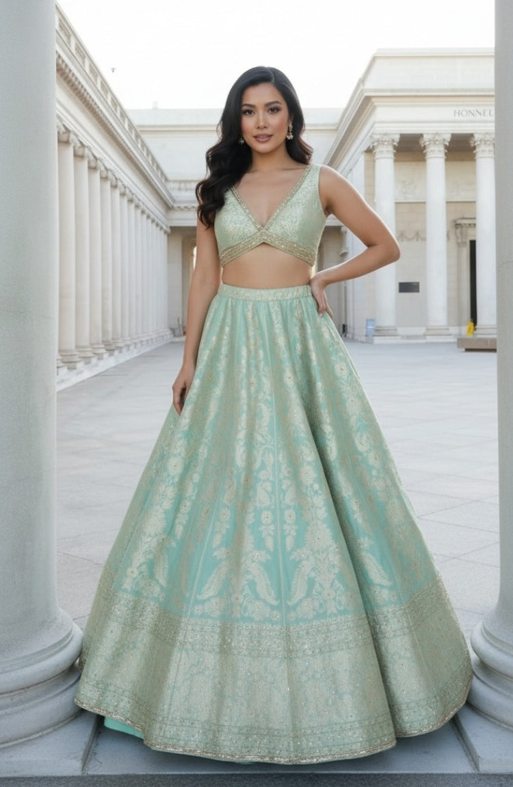 Mint Silk Benarasi Lehenga Set