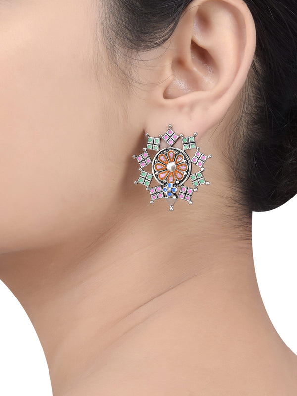 Multi Enamel Coin Flower Chandrika Ear Studs