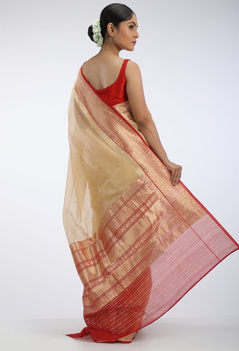 Gold Kota Silk saree with Red Benarasi Border