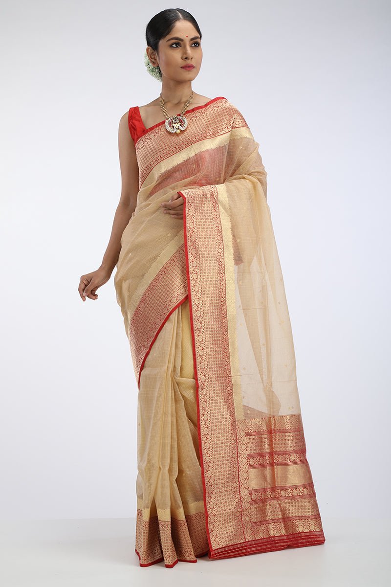 Gold Kota Silk saree with Red Benarasi Border