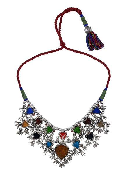Silver Tribal Motif Colorful Glass Thread Necklace